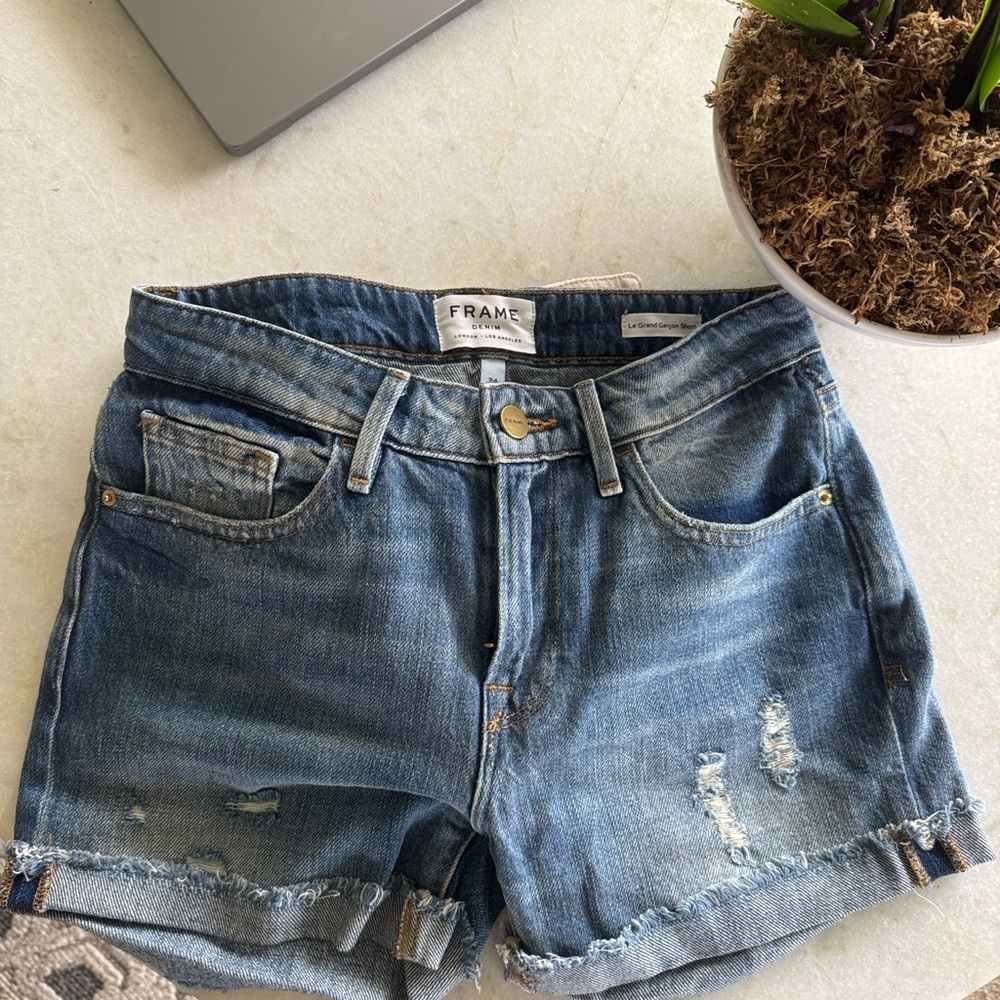 Frame Denim Blue Jean Shorts Distressed Cuffed